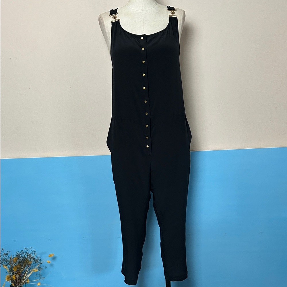 Vintage Silk Black Sleeveless Jumpsuit with gold snap buttons size M